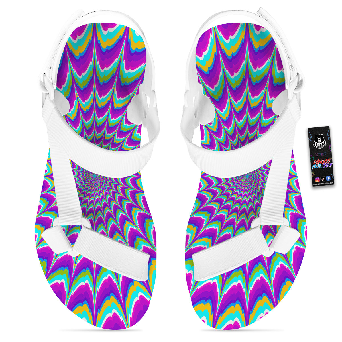 Moving Optical Illusion Purple Dizzy White Open Toe Sandals-grizzshop