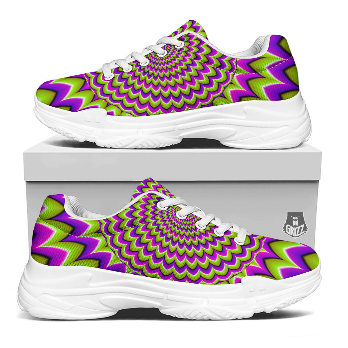 Moving Optical Illusion Spiky Spiral White Chunky Shoes-grizzshop