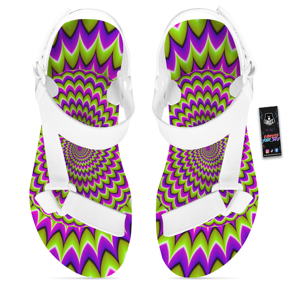 Moving Optical Illusion Spiky Spiral White Open Toe Sandals-grizzshop