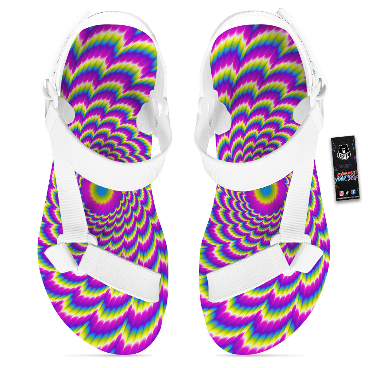 Moving Optical Illusion Spiral Colors White Open Toe Sandals-grizzshop