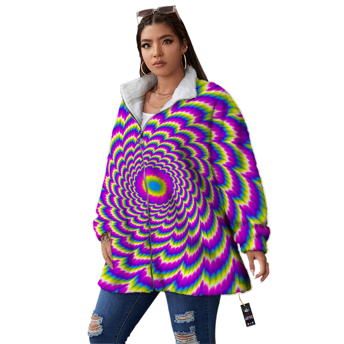Moving Optical Illusion Spiral Colors Women's Sherpa Jacket-grizzshop