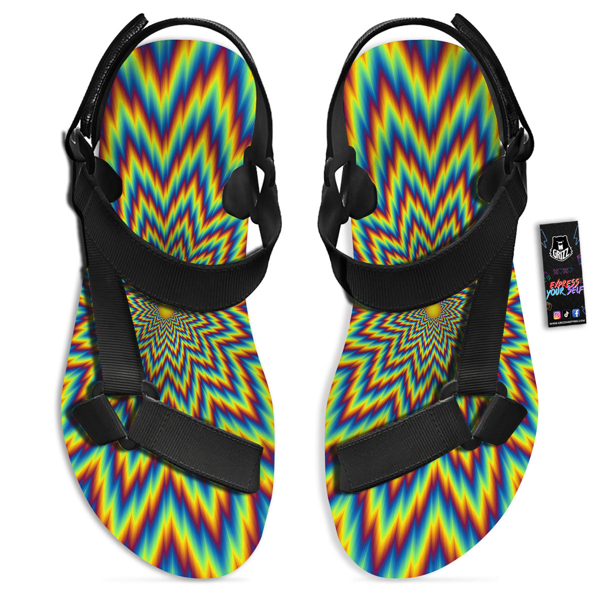 Moving Optical Illusion Spiral Expansion Black Open Toe Sandals-grizzshop