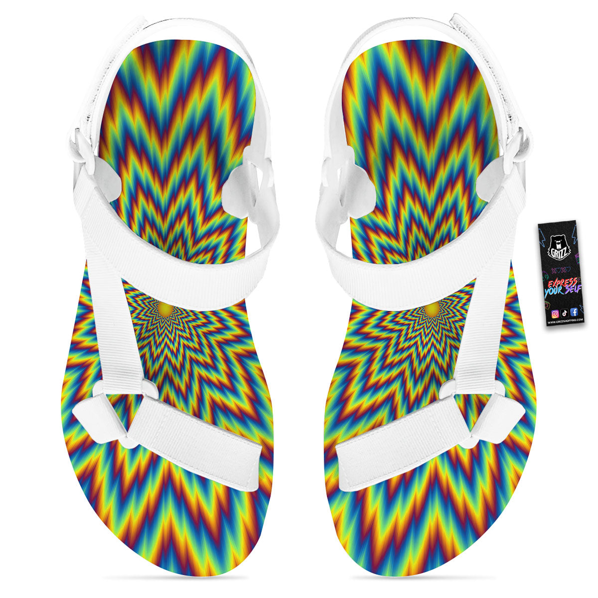 Moving Optical Illusion Spiral Expansion White Open Toe Sandals-grizzshop