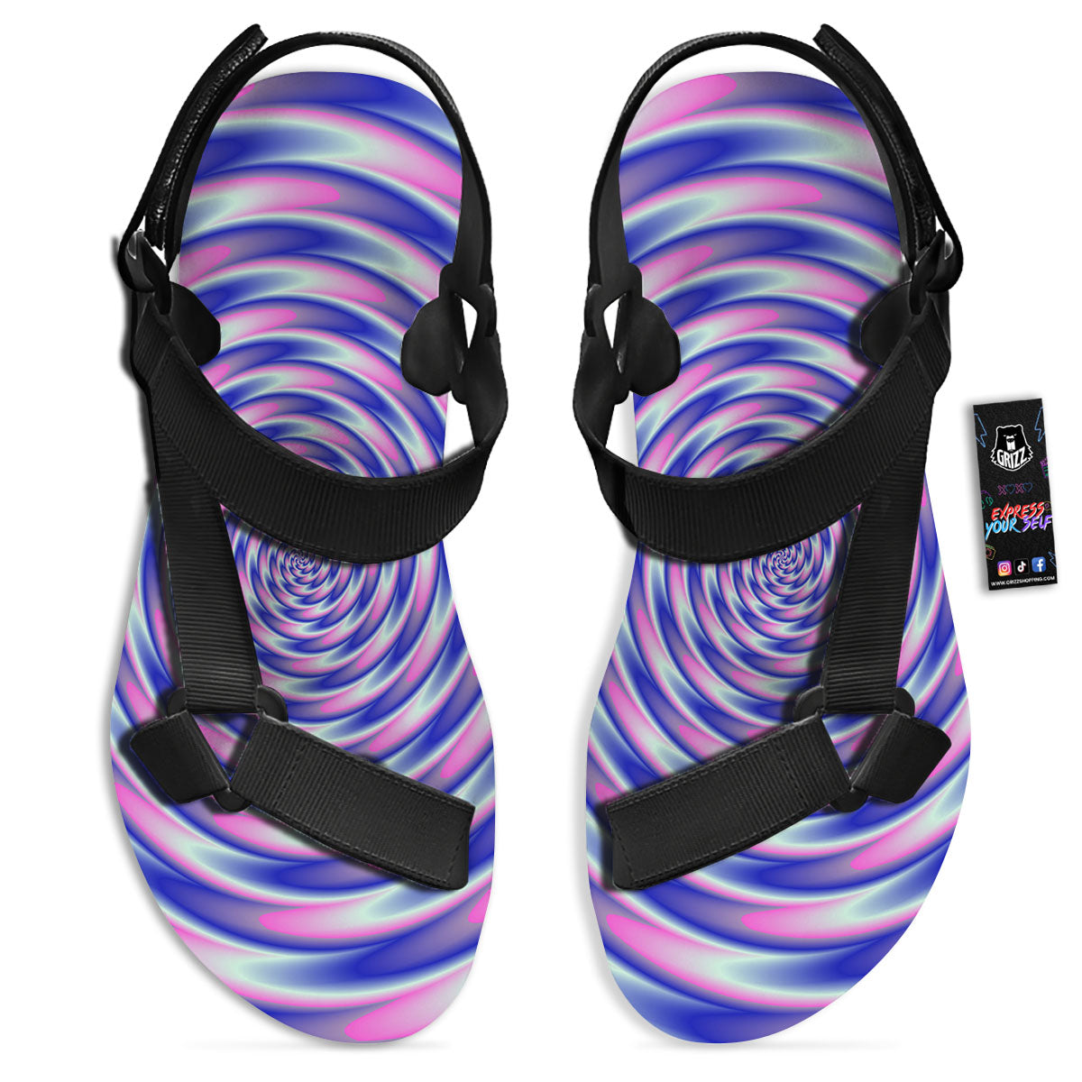 Moving Optical Illusion Twisted Colors Black Open Toe Sandals-grizzshop