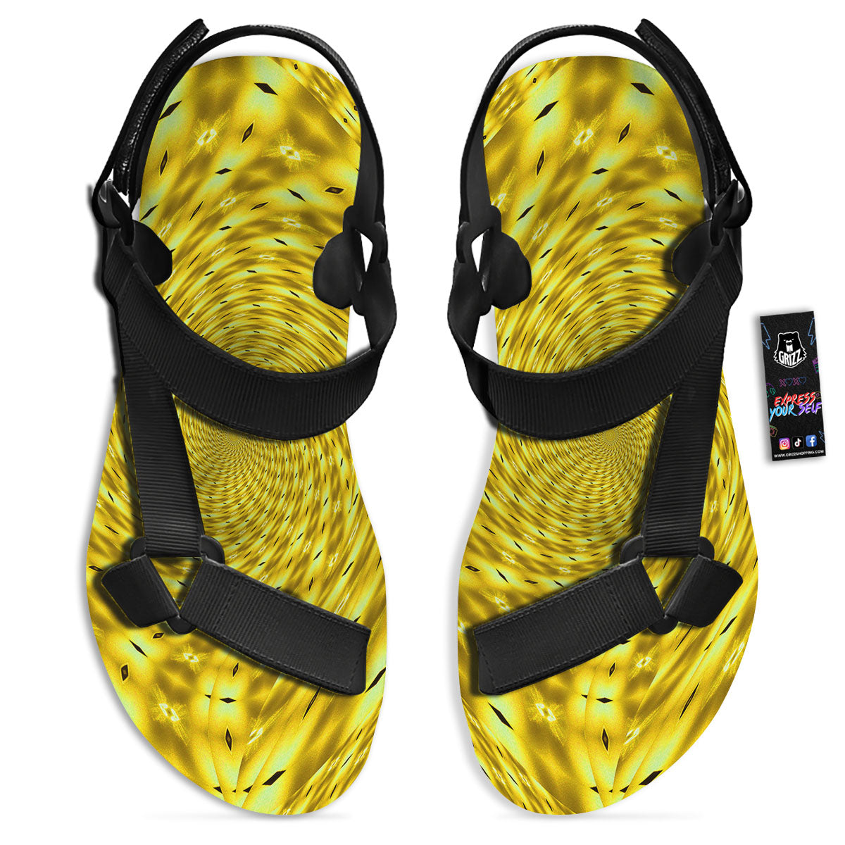 Moving Optical Illusion Yellow Big Bang Black Open Toe Sandals-grizzshop