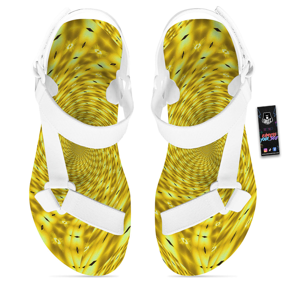Moving Optical Illusion Yellow Big Bang White Open Toe Sandals-grizzshop