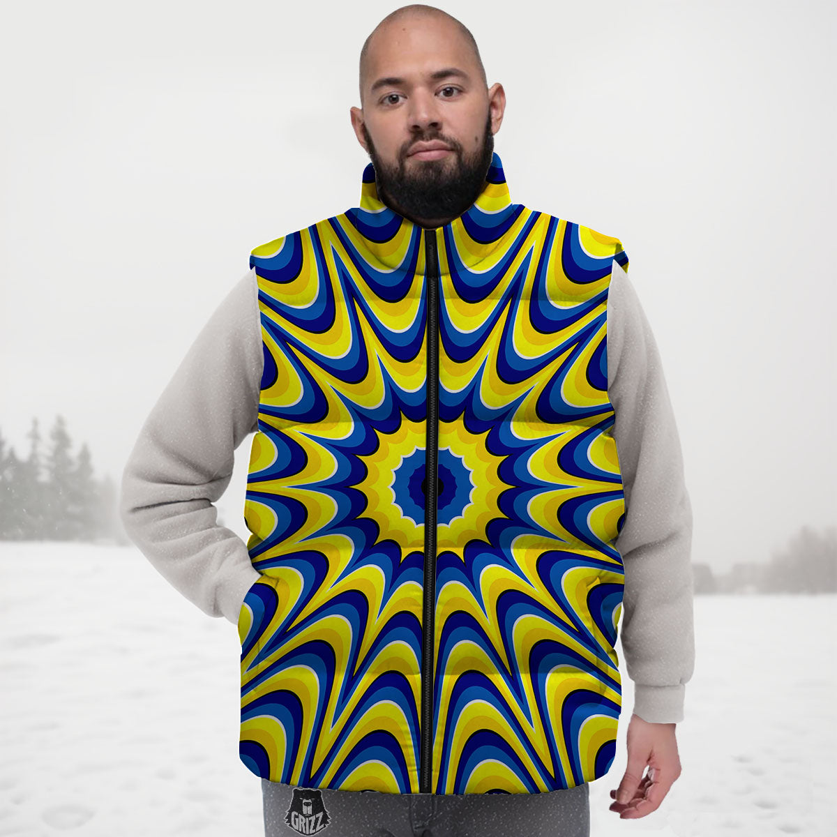 Moving Optical Yellow Dizzy Illusion Down Vest-grizzshop