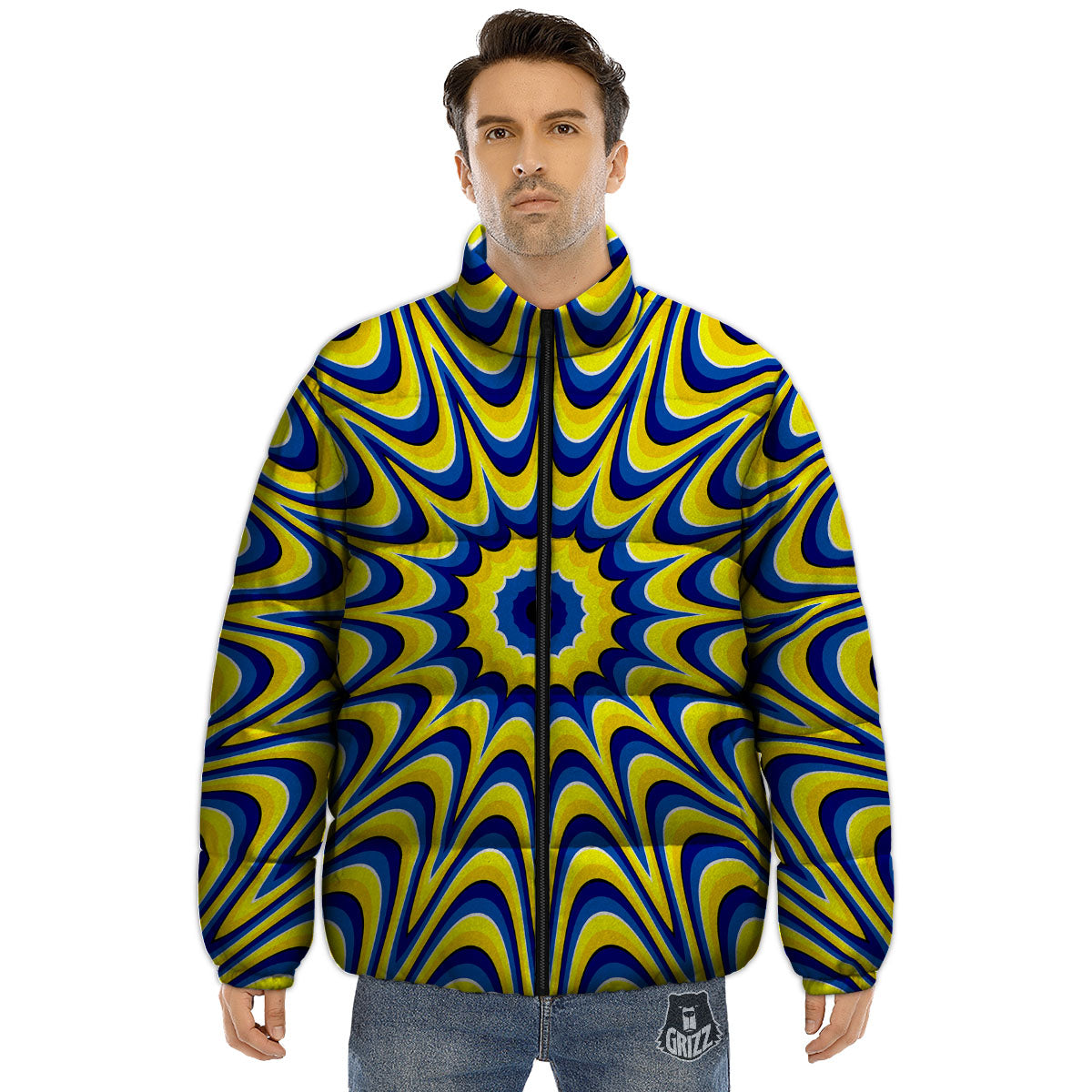 Moving Optical Yellow Dizzy Illusion Puffer Jacket-grizzshop