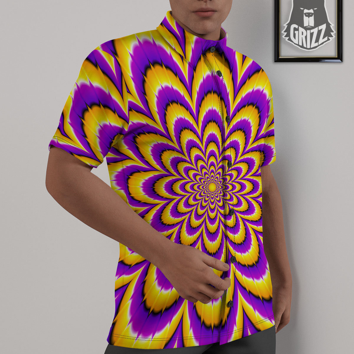 Moving Optical Yellow Flower Illusion Untucked Shirts-grizzshop