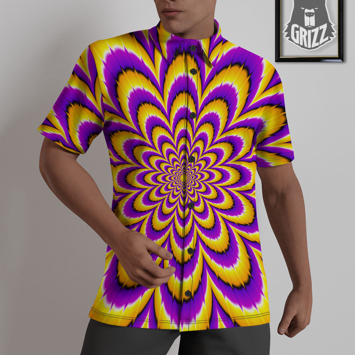 Moving Optical Yellow Flower Illusion Untucked Shirts-grizzshop