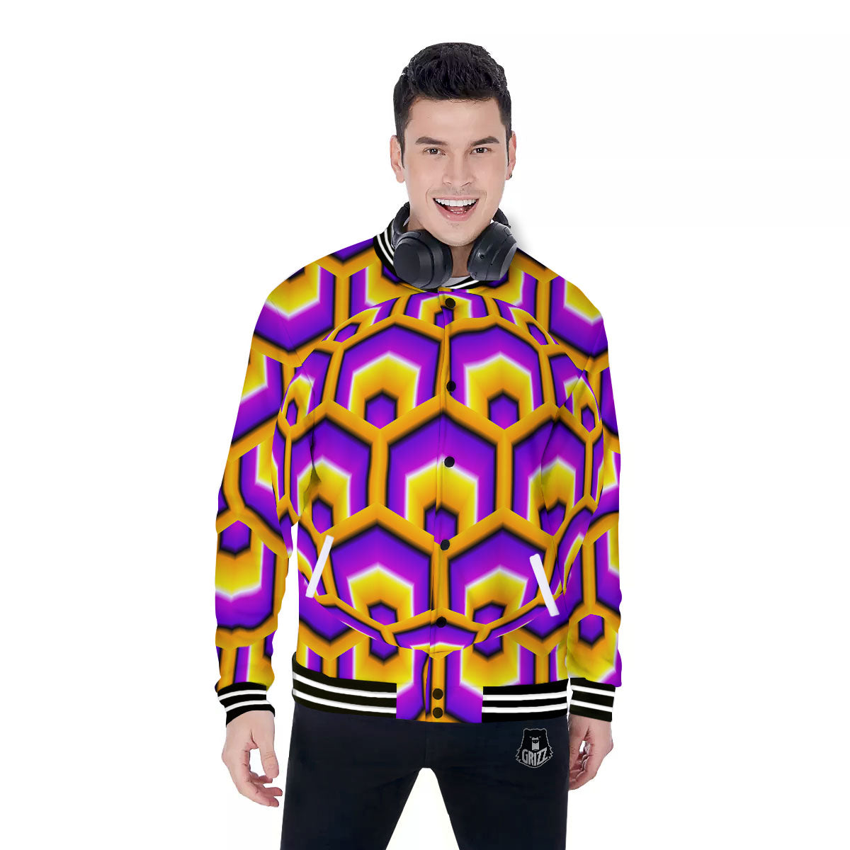 Moving Optical Yellow Hive Illusion Baseball Jacket-grizzshop