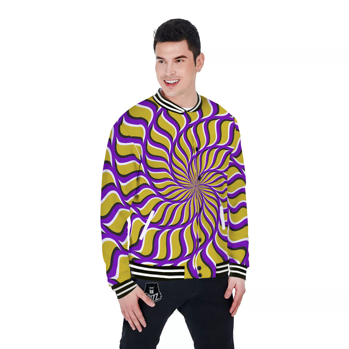 Moving Optical Yellow Spiral Illusion Baseball Jacket-grizzshop