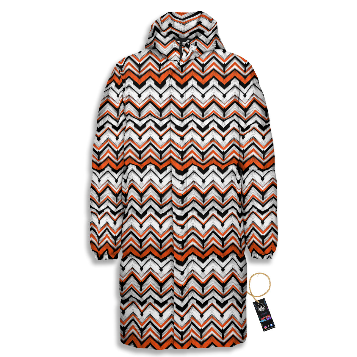 Multicolor Hand Drawn Zigzag Print Long Down Jacket-grizzshop