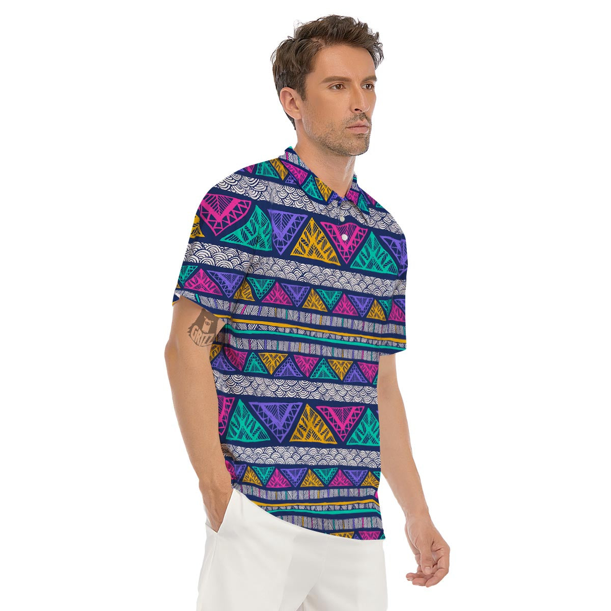 Multicolor Native Aztec Abstract Doodle Men's Golf Shirts-grizzshop