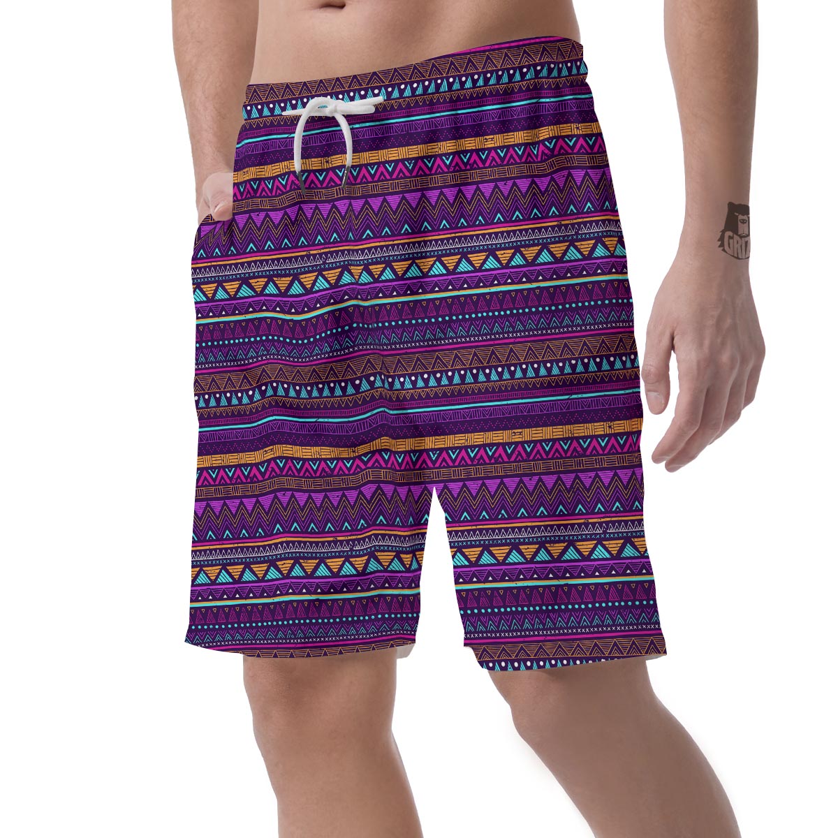 Multicolor Native Aztec Doodle Striped Men's Shorts-grizzshop