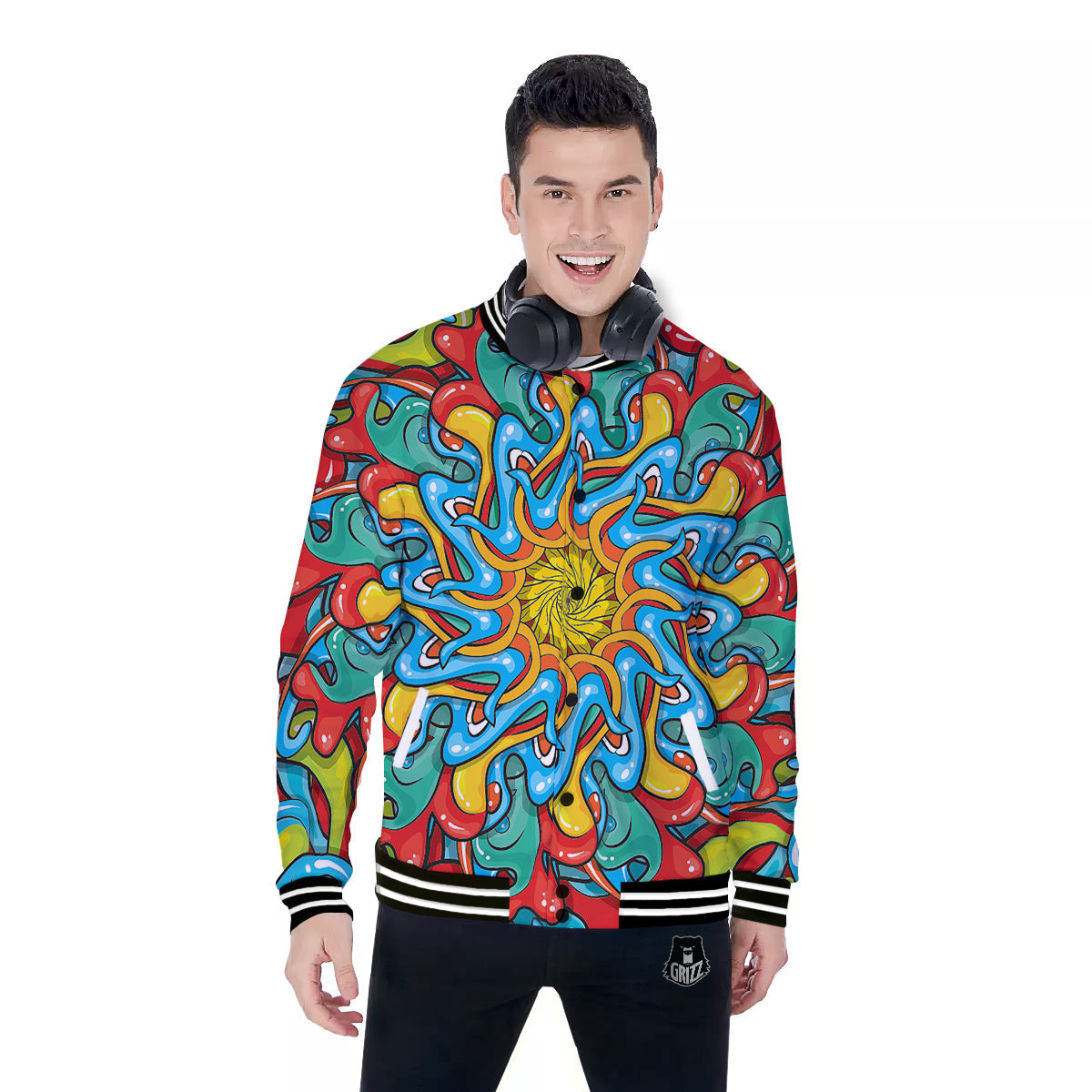 Multicolor Psychedelic Hippie Print Baseball Jacket-grizzshop