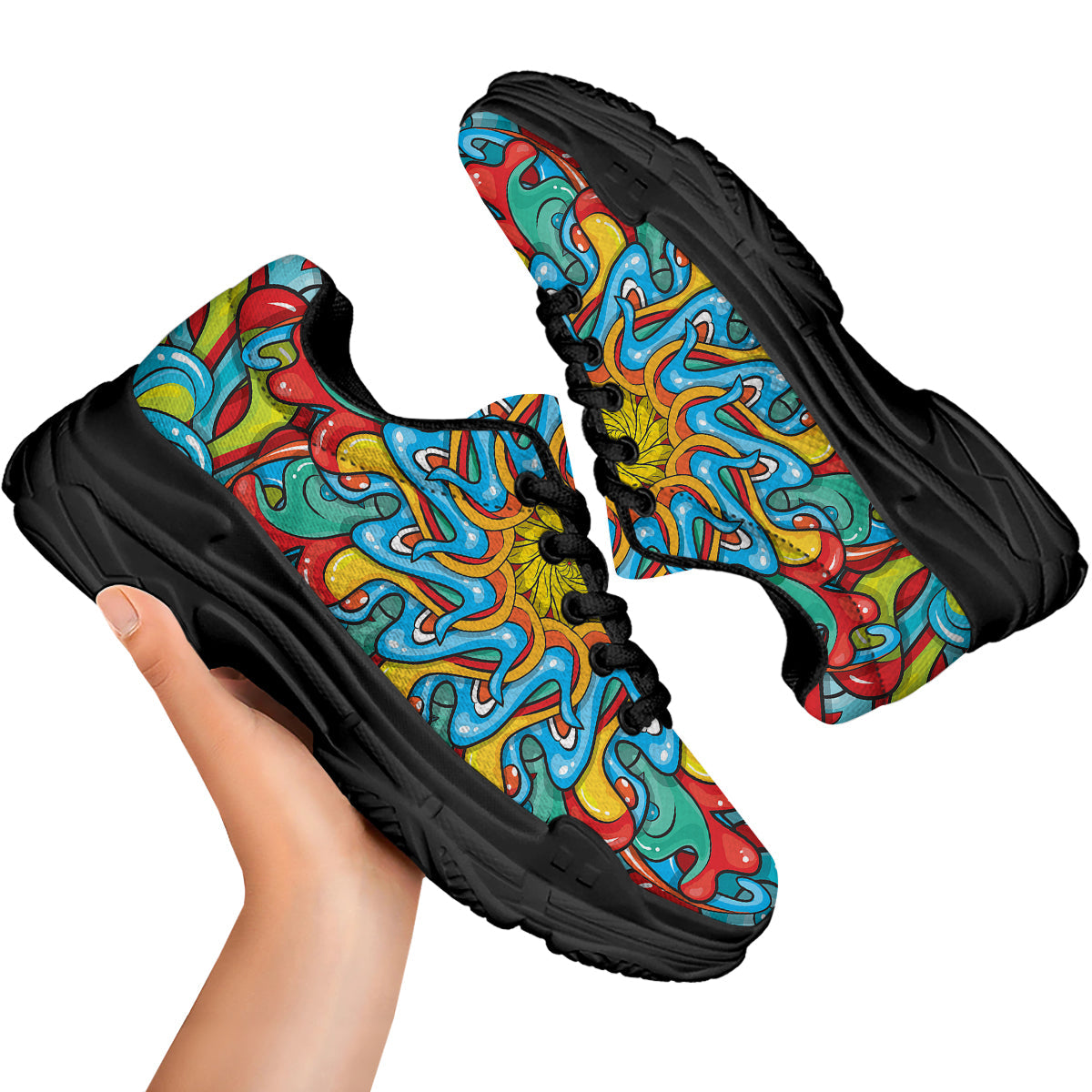Multicolor Psychedelic Hippie Print Black Chunky Shoes-grizzshop