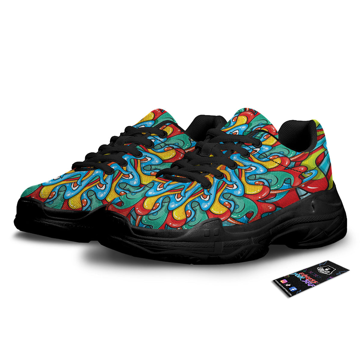 Multicolor Psychedelic Hippie Print Black Chunky Shoes-grizzshop