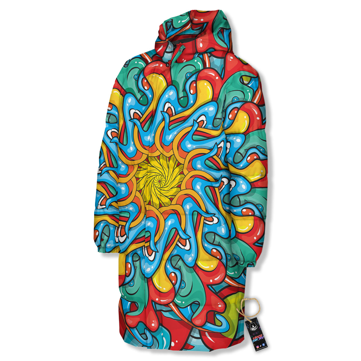 Multicolor Psychedelic Hippie Print Long Down Jacket-grizzshop