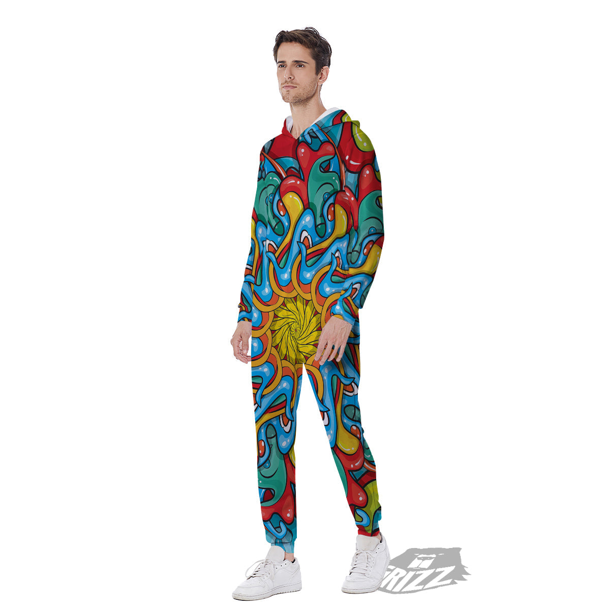 Multicolor Psychedelic Hippie Print Men's Jumpsuit-grizzshop