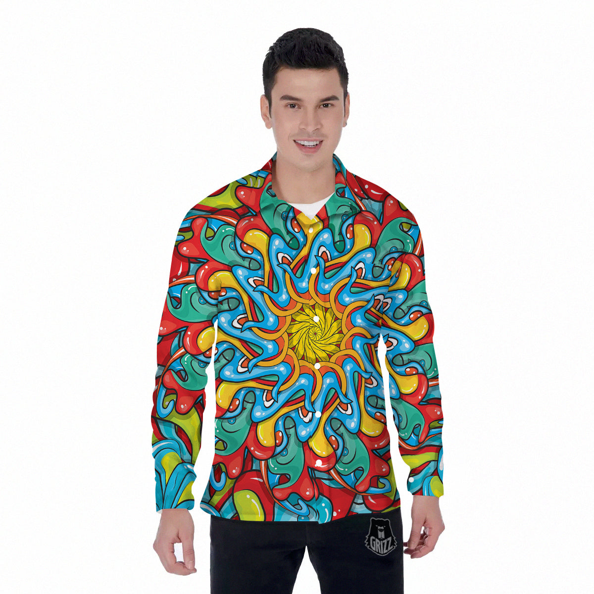 Multicolor Psychedelic Hippie Print Men's Long Sleeve Shirts-grizzshop