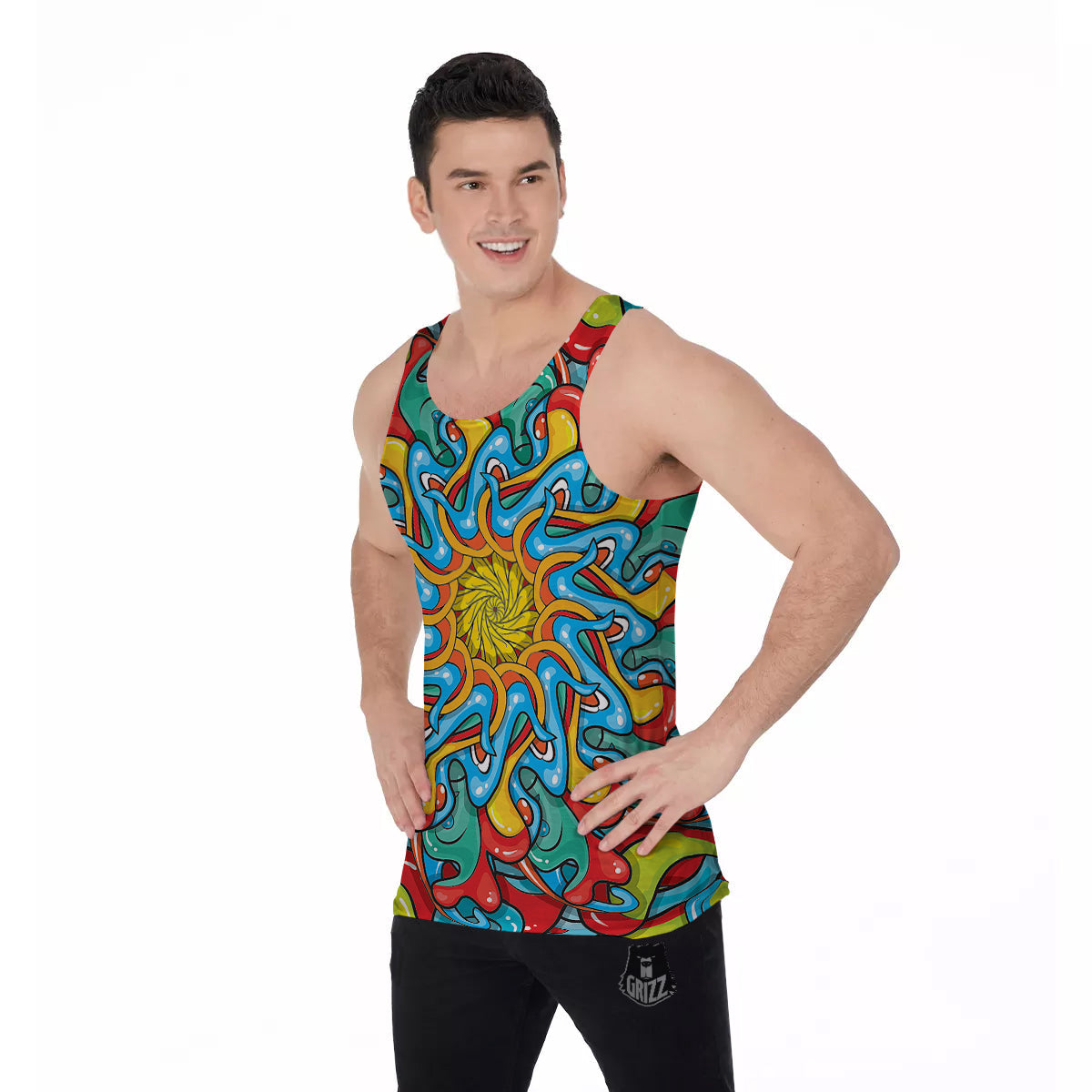 Multicolor Psychedelic Hippie Print Men's Tank Top-grizzshop