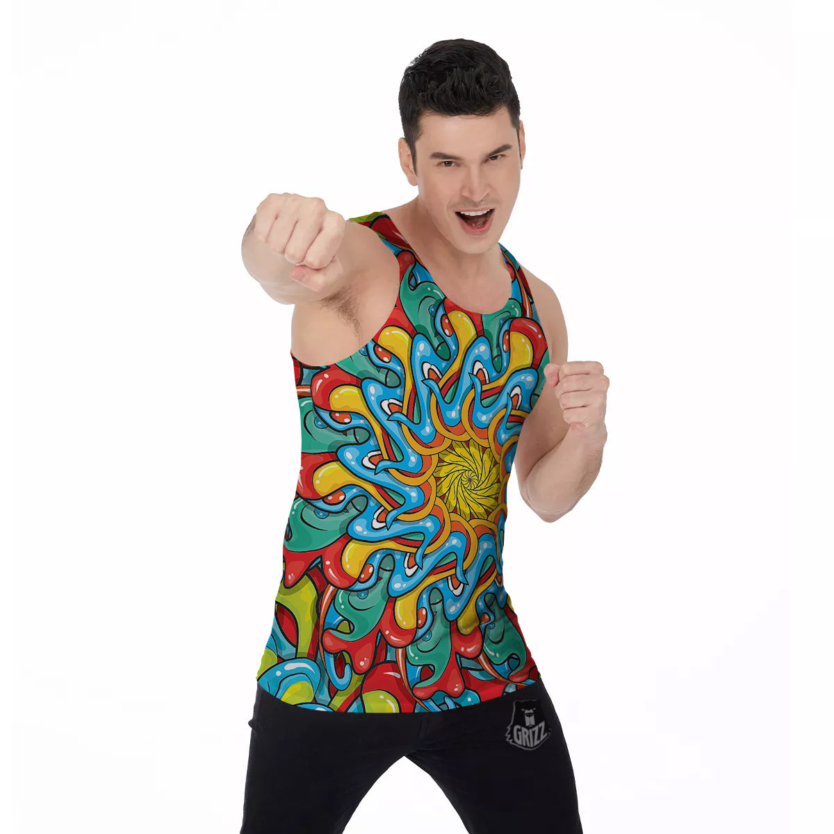 Multicolor Psychedelic Hippie Print Men's Tank Top-grizzshop