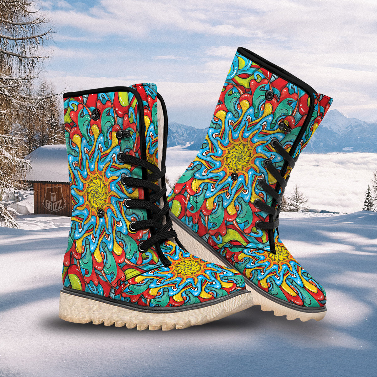 Multicolor Psychedelic Hippie Print Snow Boots-grizzshop