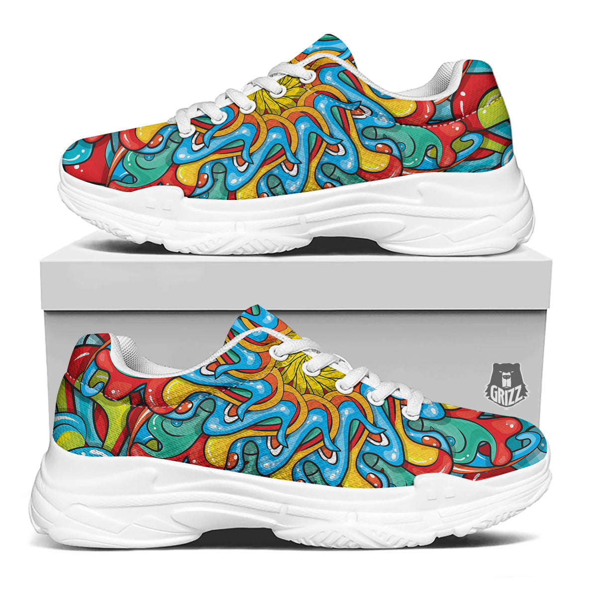 Multicolor Psychedelic Hippie Print White Chunky Shoes-grizzshop