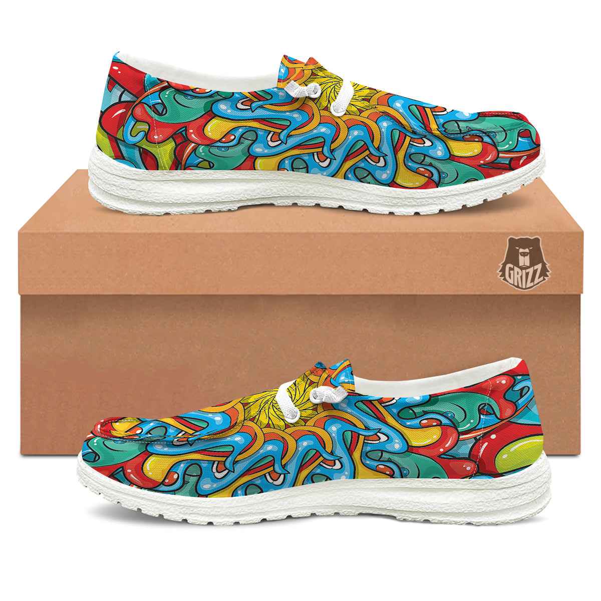 Multicolor Psychedelic Hippie Print White Loafers-grizzshop