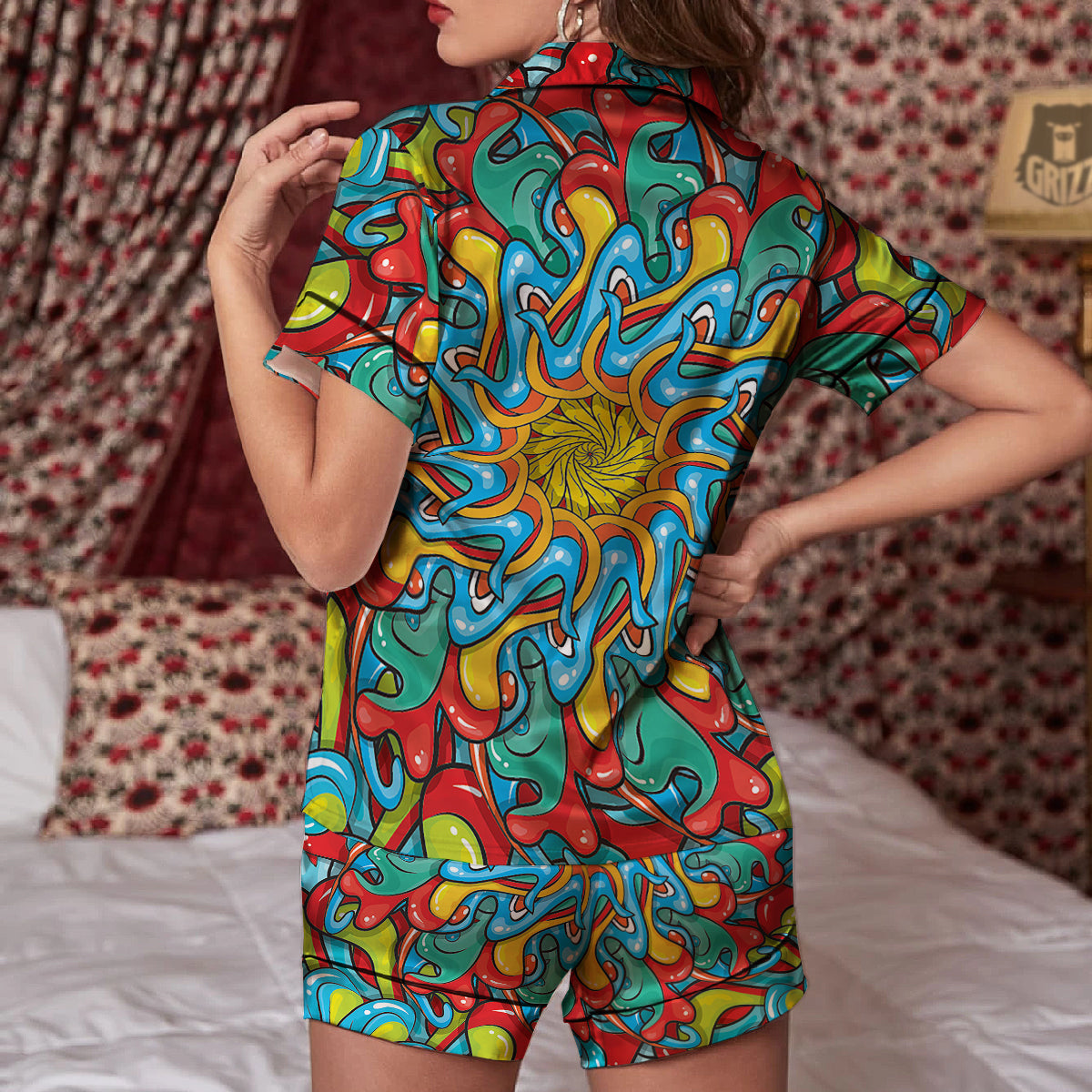 Multicolor Psychedelic Hippie Print Women Silk Pajamas-grizzshop