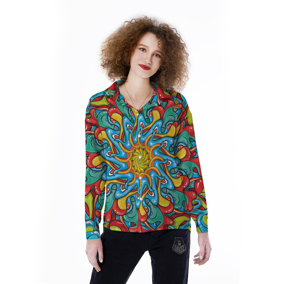 Multicolor Psychedelic Hippie Print Women's Long Sleeve Shirts-grizzshop