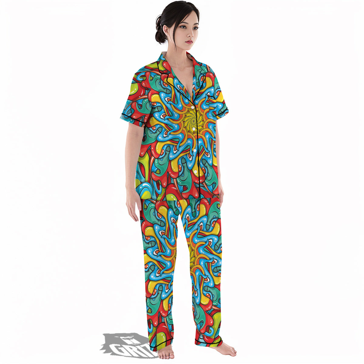 Multicolor Psychedelic Hippie Print Women's Pajamas Set-grizzshop