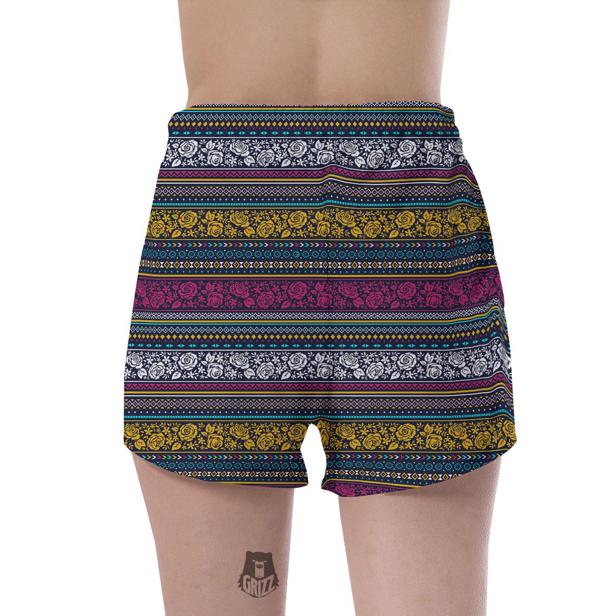 Multicolor Rose Floral Abstract Tribal Aztec Women's Shorts-grizzshop
