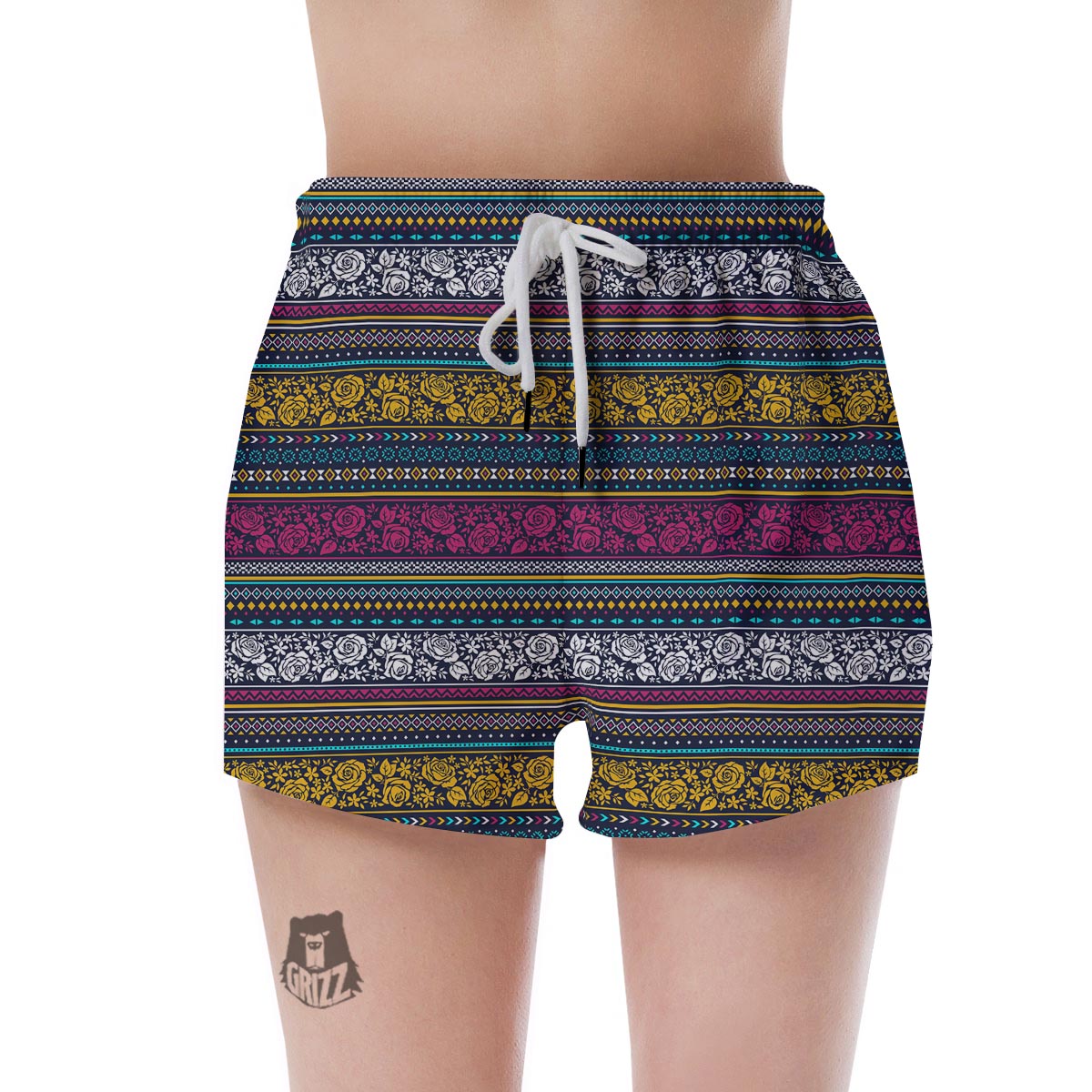 Multicolor Rose Floral Abstract Tribal Aztec Women's Shorts-grizzshop