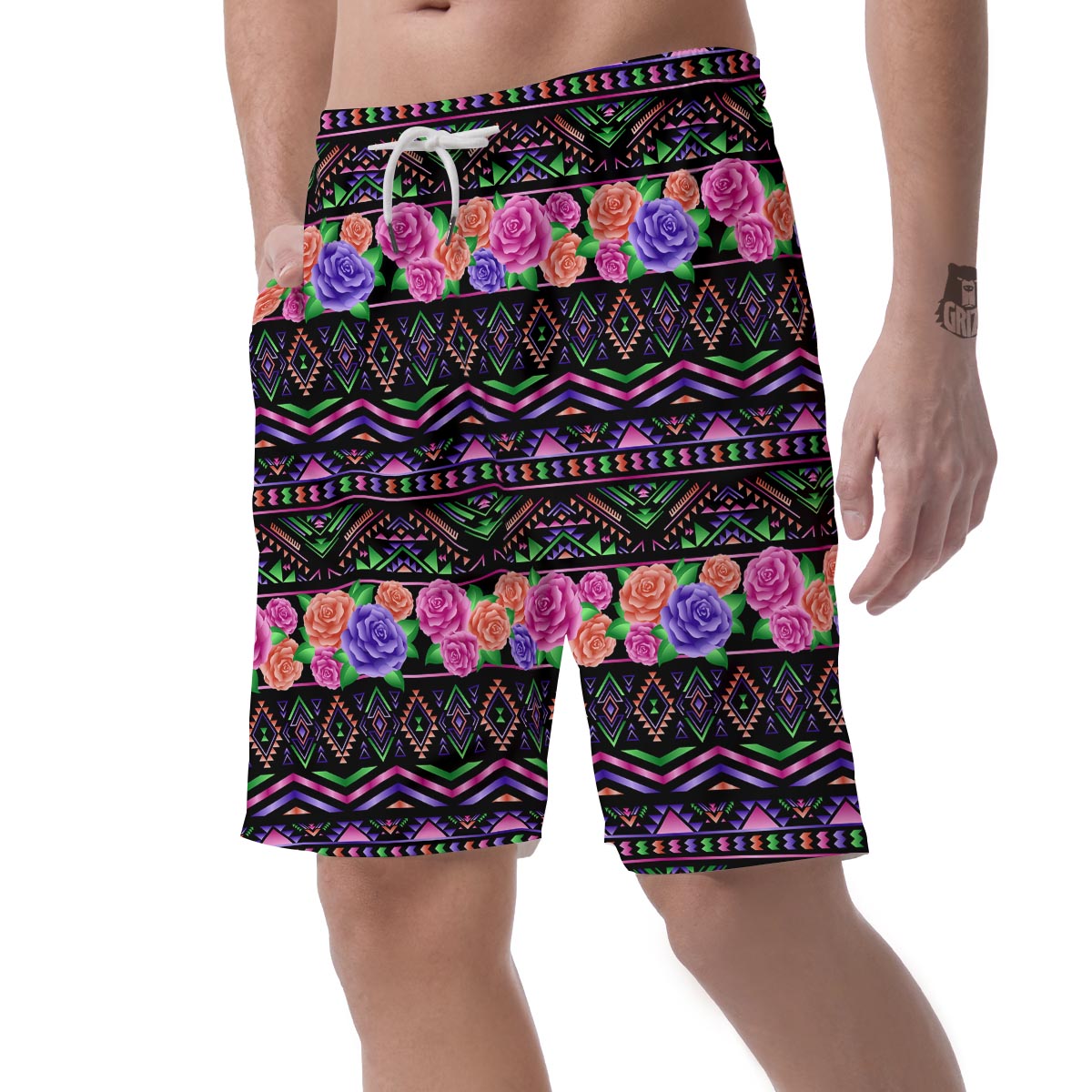 Multicolor Roses Ethnic Tribal Aztec Men's Shorts-grizzshop