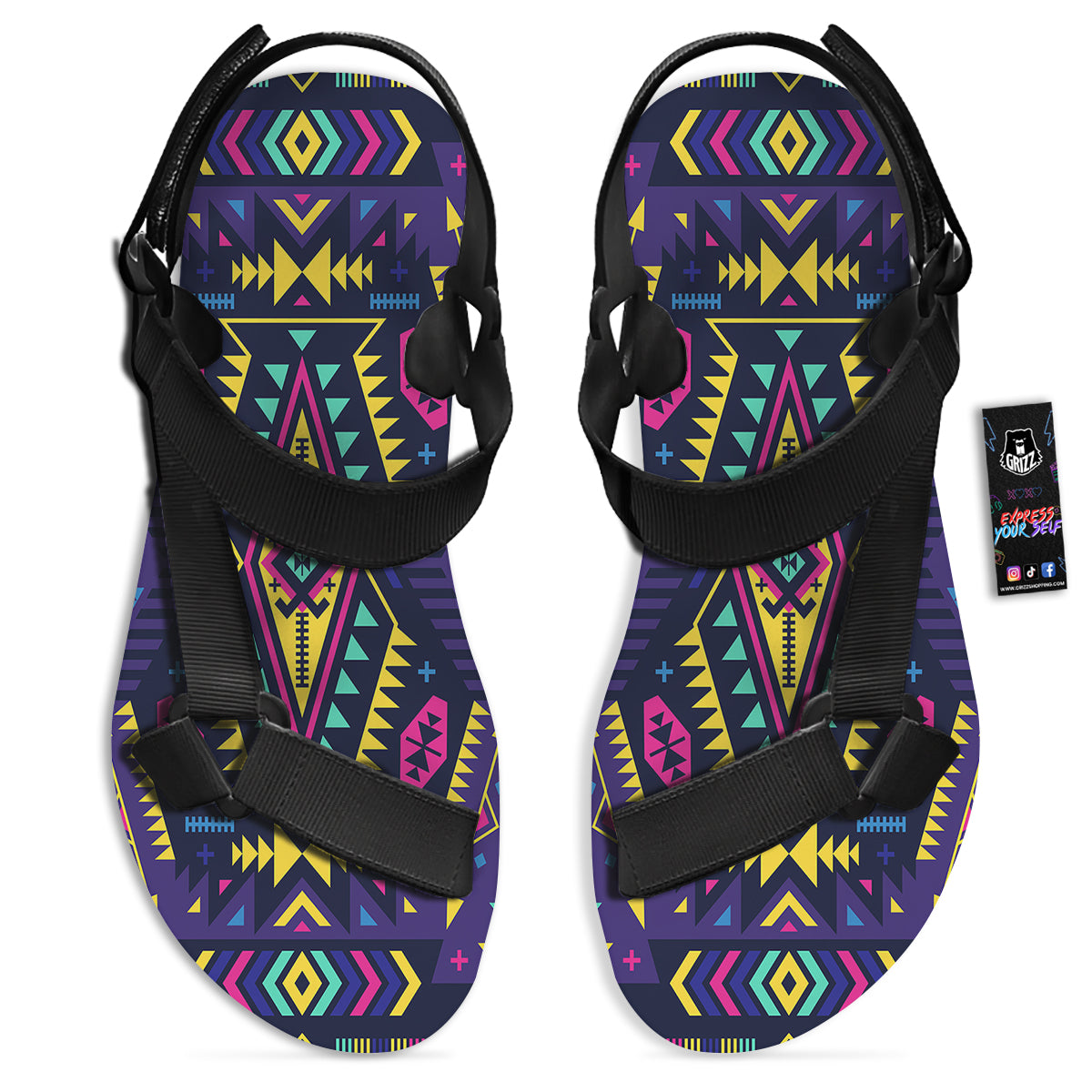 Multicolor Tribal Navajo Geometric Print Black Open Toe Sandals-grizzshop