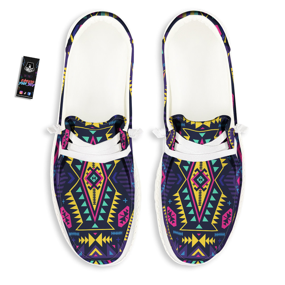 Multicolor Tribal Navajo Geometric Print White Loafers-grizzshop