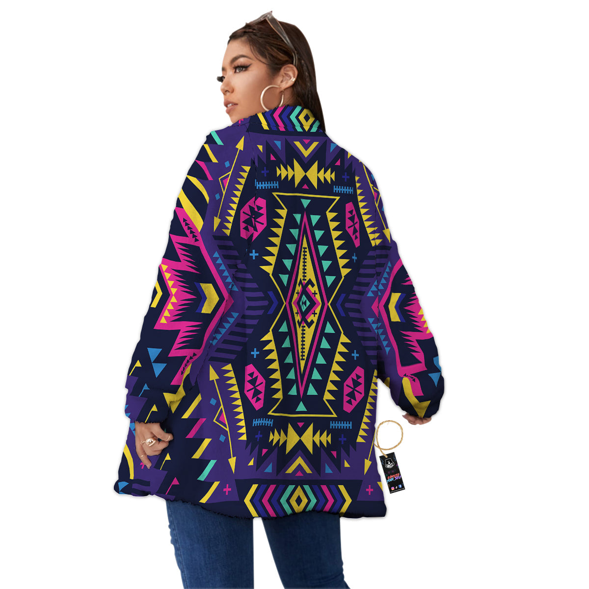 Multicolor Tribal Navajo Geometric Print Women's Sherpa Jacket-grizzshop