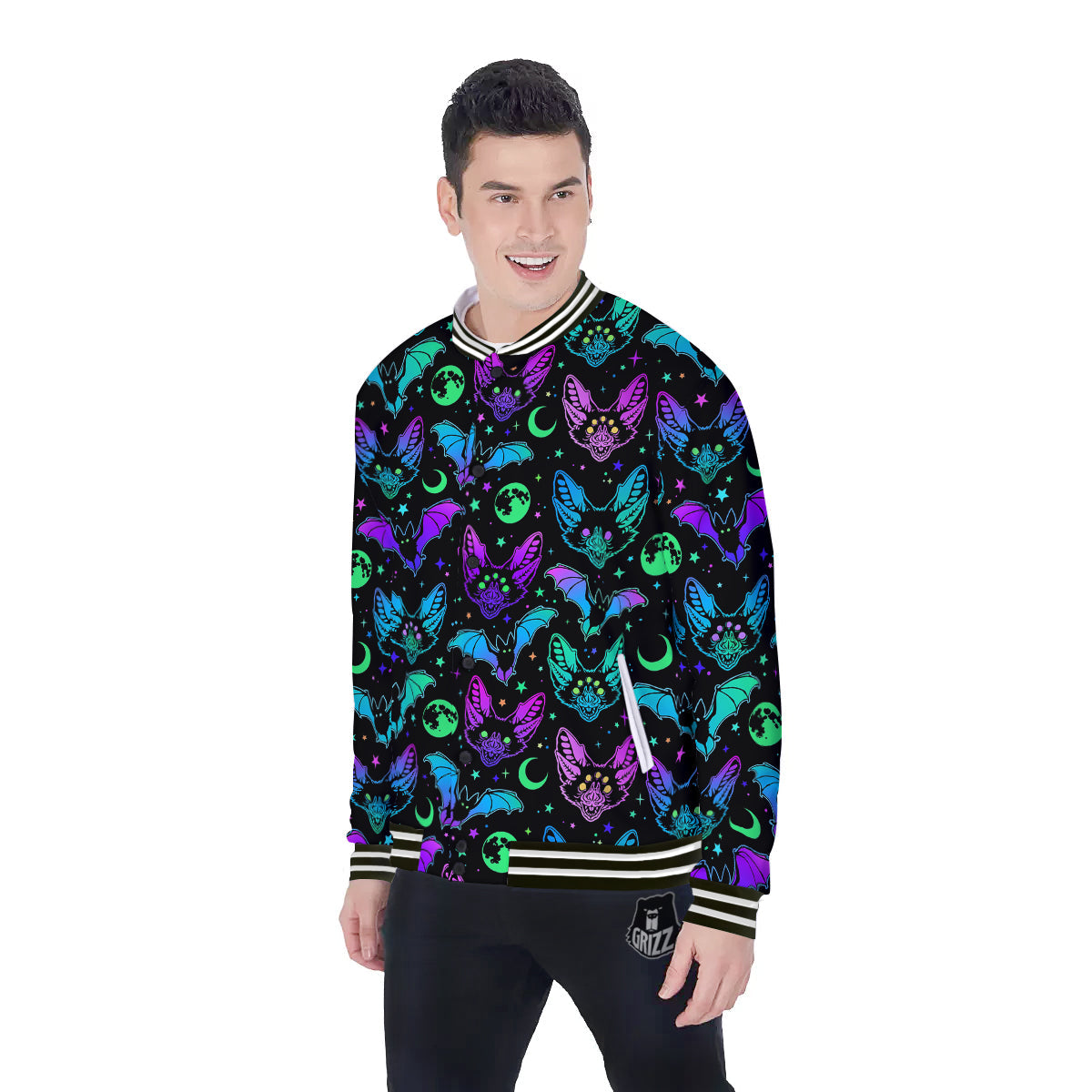 Multicolored Bats Print Pattern Baseball Jacket-grizzshop
