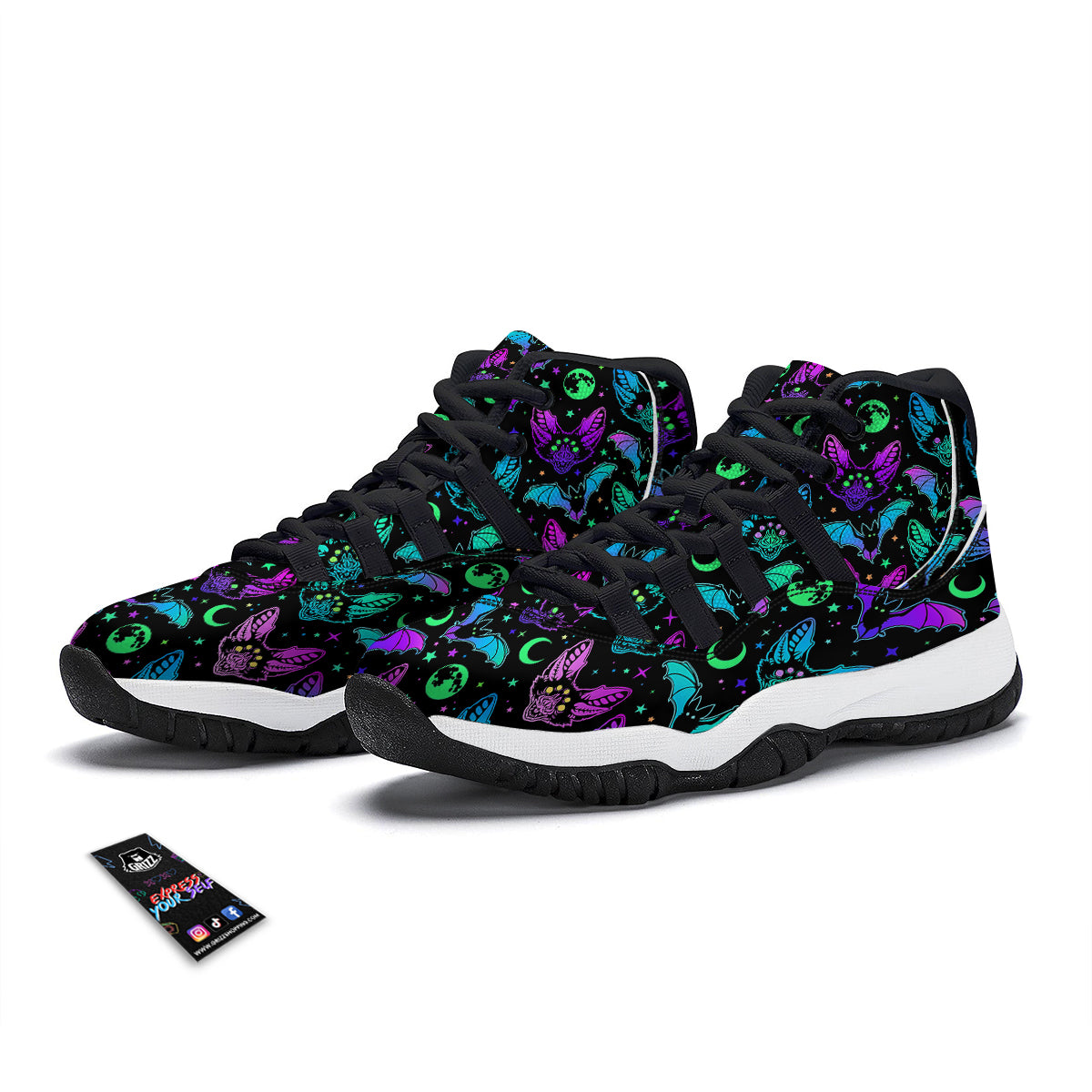 Multicolored Bats Print Pattern Black Bball Shoes-grizzshop