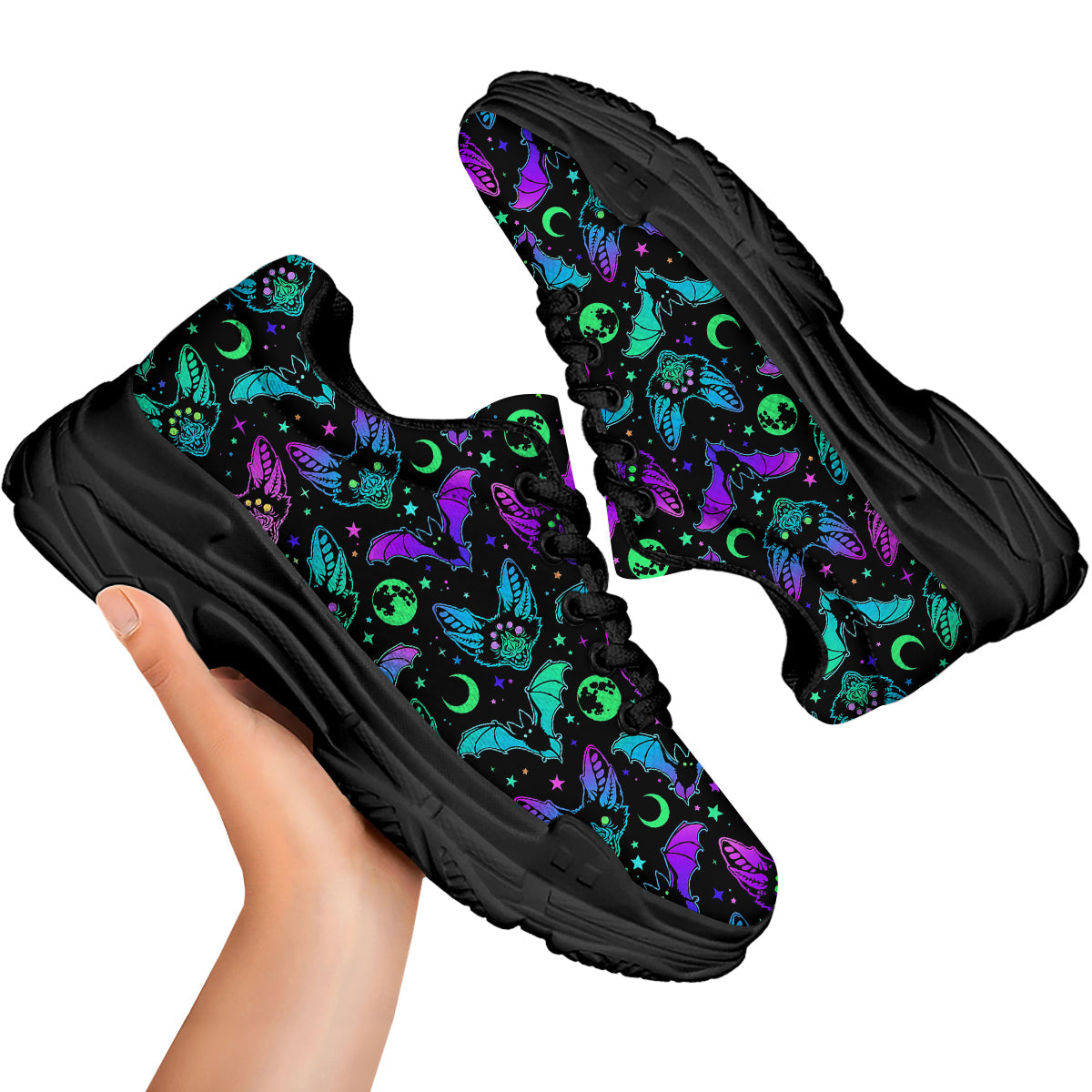 Multicolored Bats Print Pattern Black Chunky Shoes-grizzshop