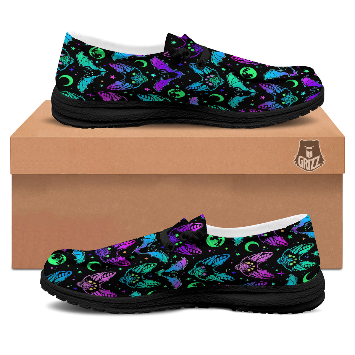 Multicolored Bats Print Pattern Black Loafers-grizzshop