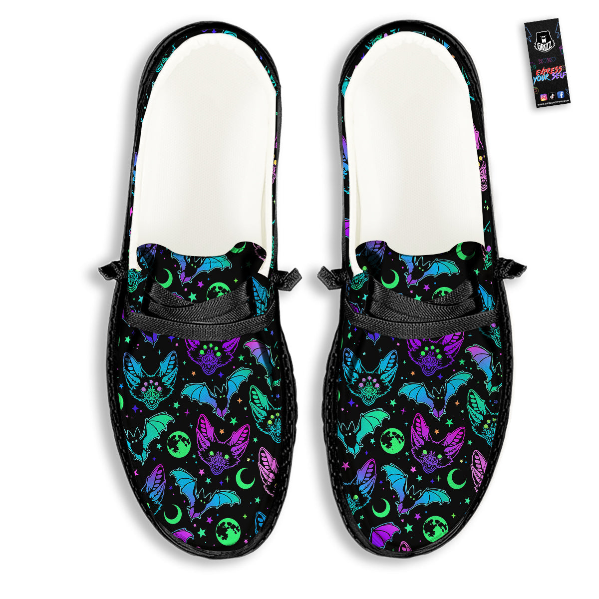 Multicolored Bats Print Pattern Black Loafers-grizzshop