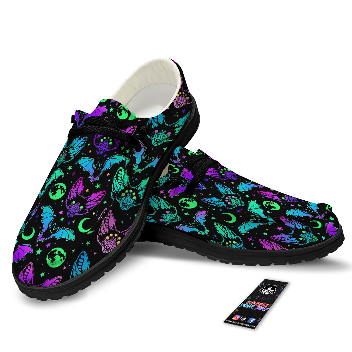 Multicolored Bats Print Pattern Black Loafers-grizzshop