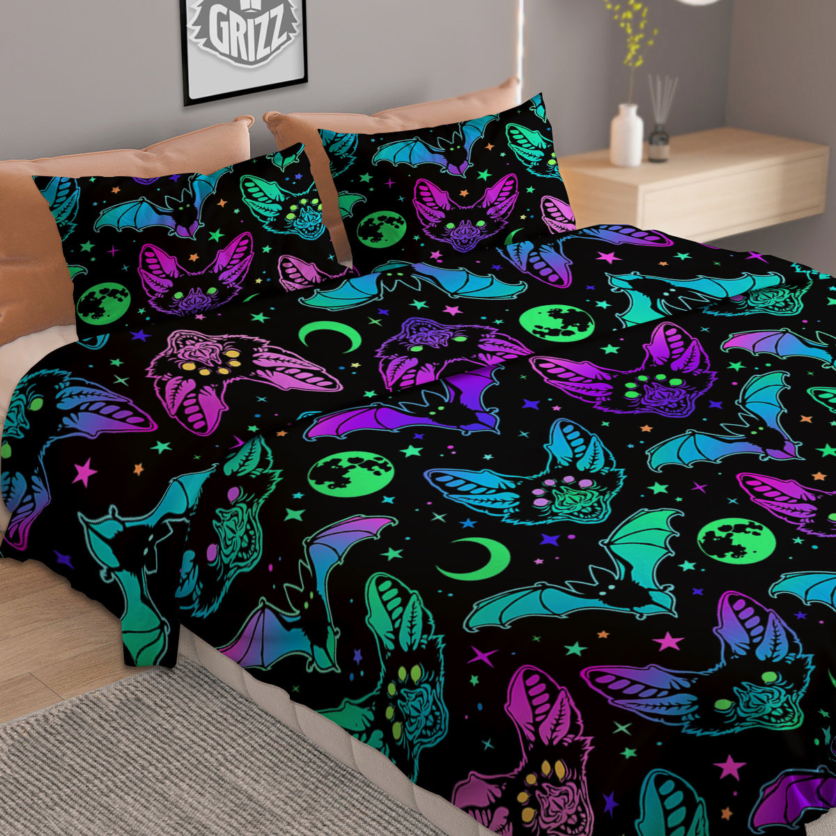 Multicolored Bats Print Pattern Duvet Cover Bedding Set-grizzshop