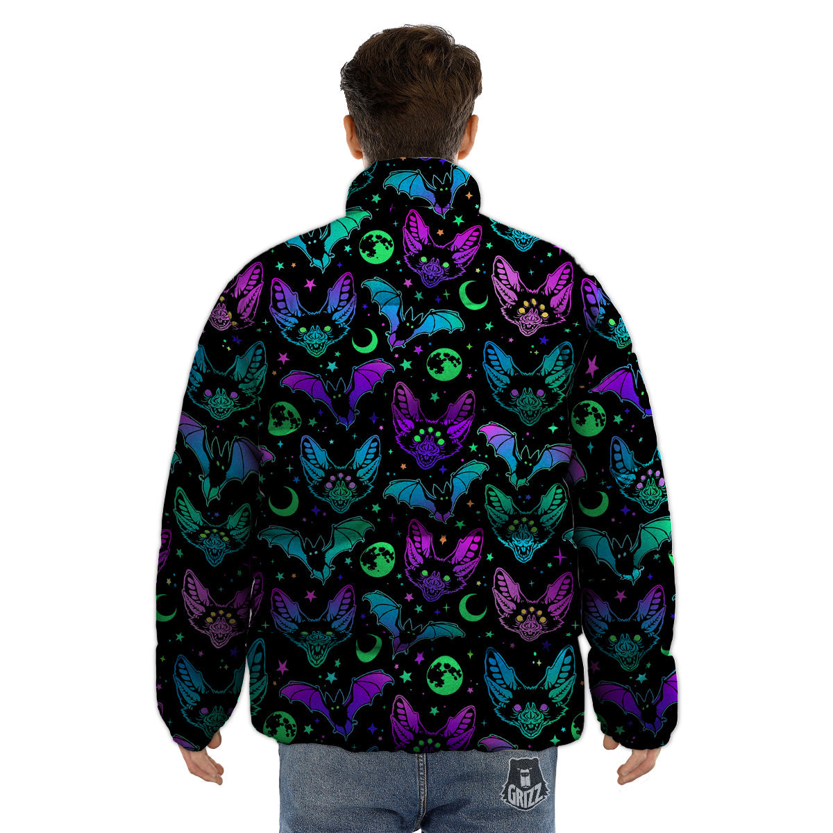 Multicolored Bats Print Pattern Puffer Jacket-grizzshop