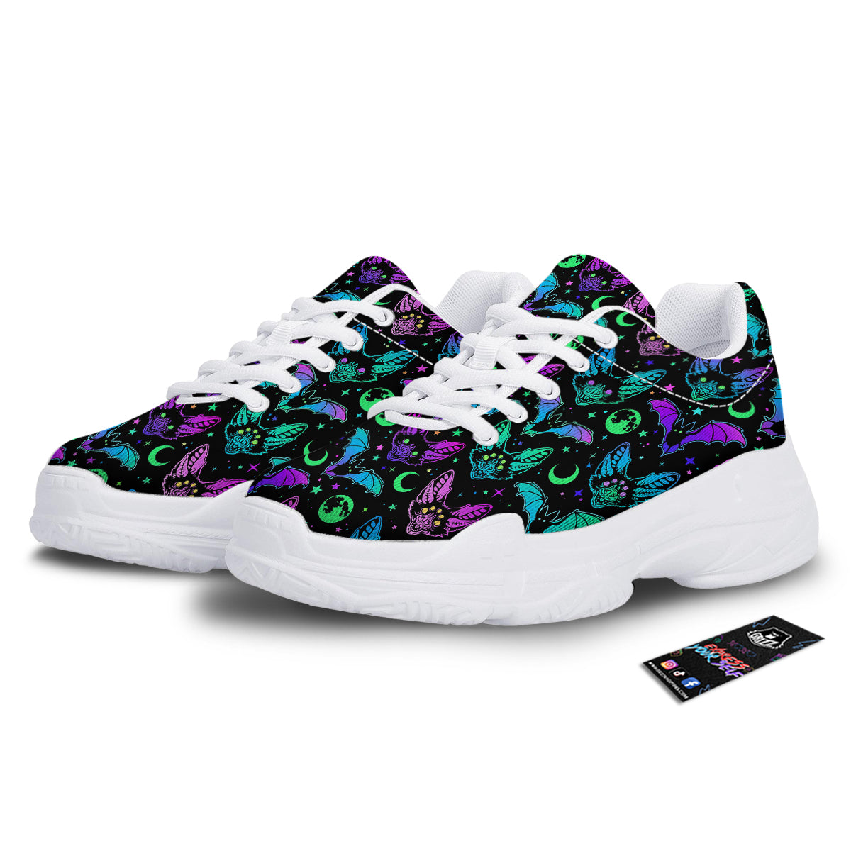 Multicolored Bats Print Pattern White Chunky Shoes-grizzshop