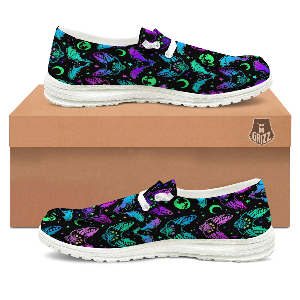 Multicolored Bats Print Pattern White Loafers-grizzshop