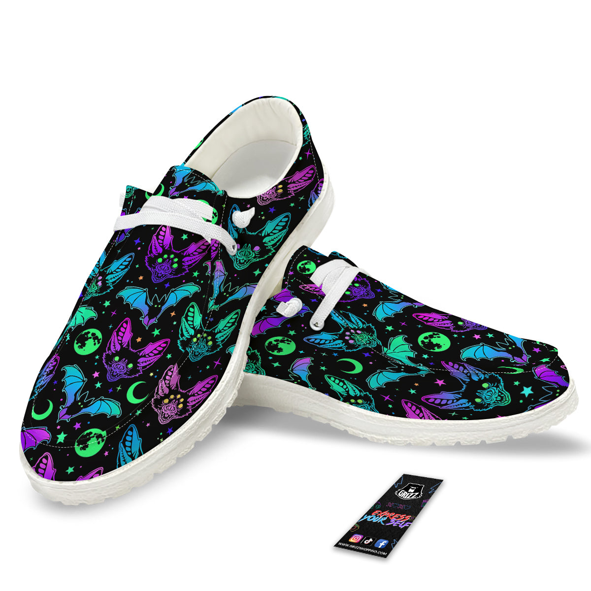 Multicolored Bats Print Pattern White Loafers-grizzshop